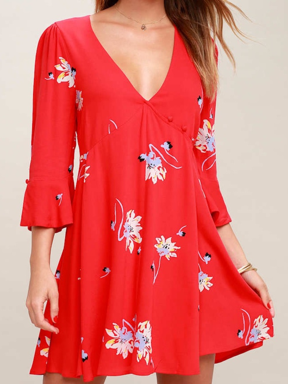 Free People Time On My Side Wrap A-line Mini Dress Small Red Floral Bell Sleeve